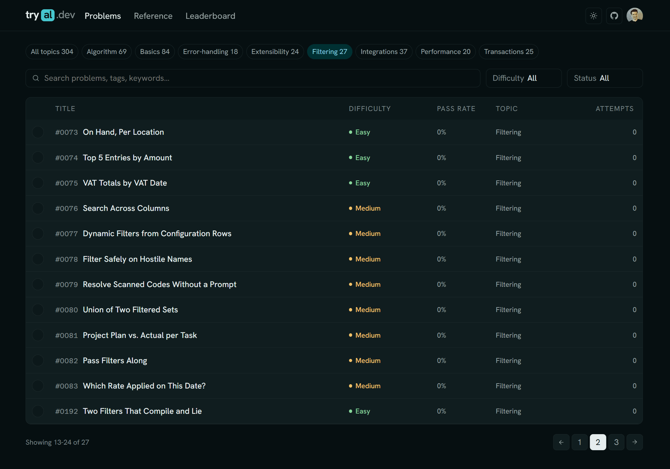 tryal.dev problem list.png